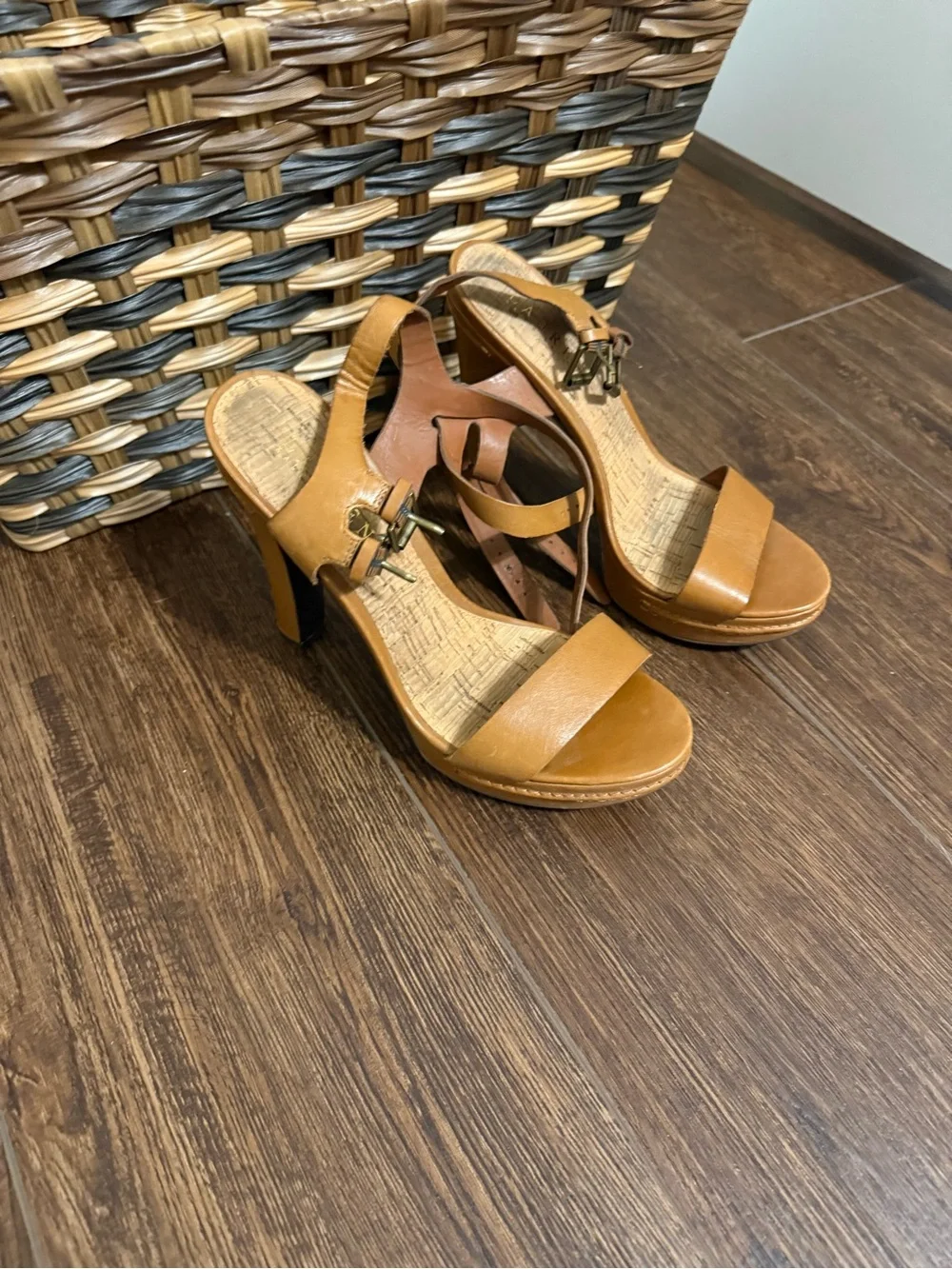 Lauren Ralph Lauren Cognac Leather Wedge Sandals with Ankle Strap